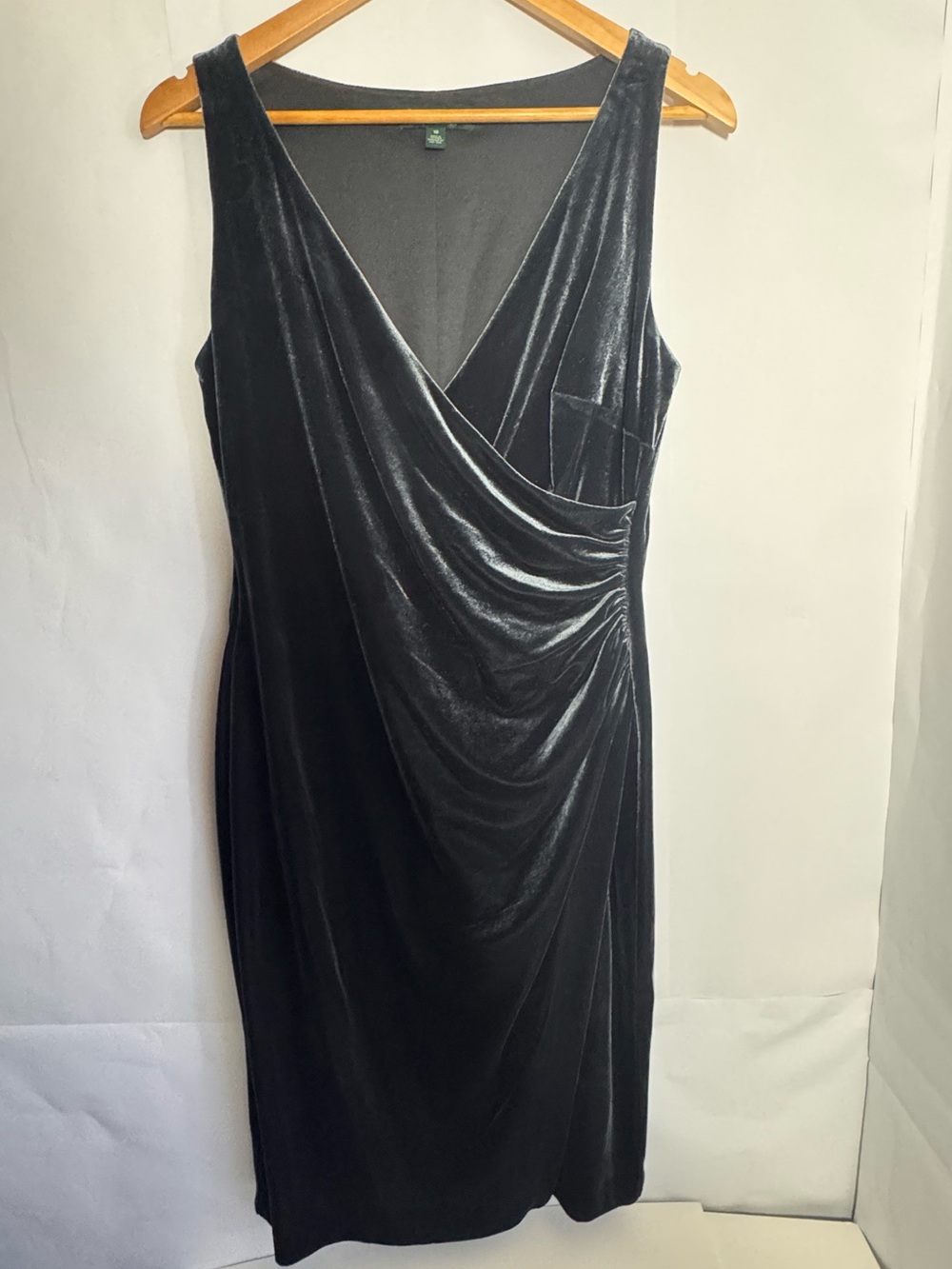 Ralph Lauren Dark Slate Velvet Draped V-Neck Midi Dress